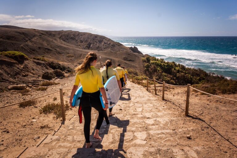 📍 Te recomiendo colocarla en el apartado donde mencionas Fuerteventura como destino surfero, justo antes del CTA final, con un pie de foto tipo: Alumnos de Wellenkind Surfschool bajando hacia la playa de La Pared, listos para escribir su propia historia sobre las olas